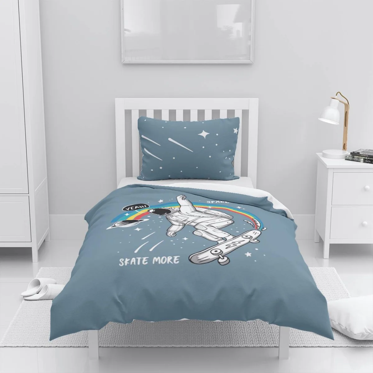 Uzay, astronot, kaykay Nevresim Takımı | Mavi Yıldızlar, gökkuşağı Desenli