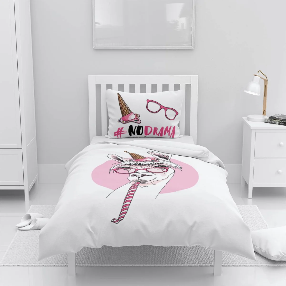 Llama Nevresim Takımı | Beyaz Pembe daire, gözlük Desenli