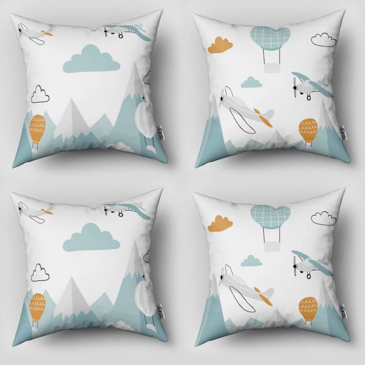 Uçaklar ve Balonlar 4lü Kırlent | Beyaz uçak, sıcak hava balonları Desenli