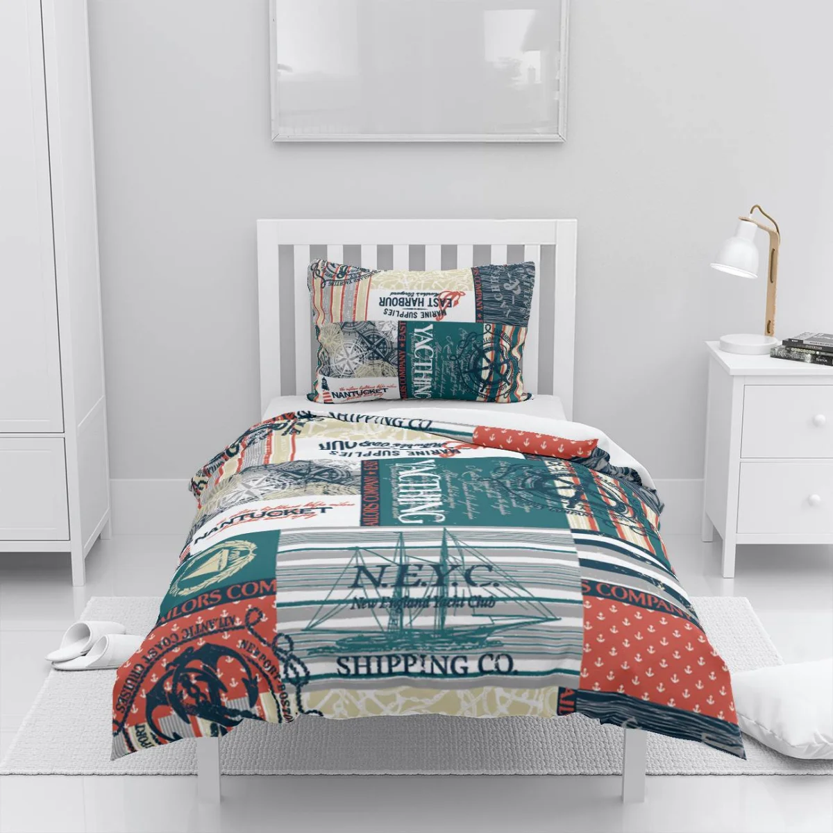 Deniz Temalı Nevresim Takımı | Mavi, Kırmızı, Beyaz Çapa, gemi Desenli