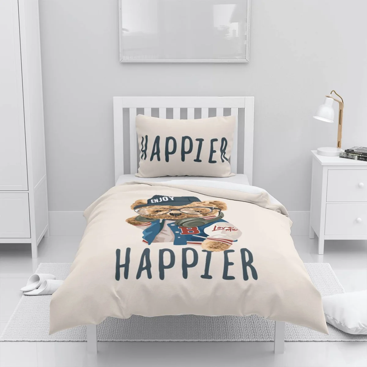 Oyuncak Ayı Nevresim Takımı | Krem Gözlük, kulaklık Desenli