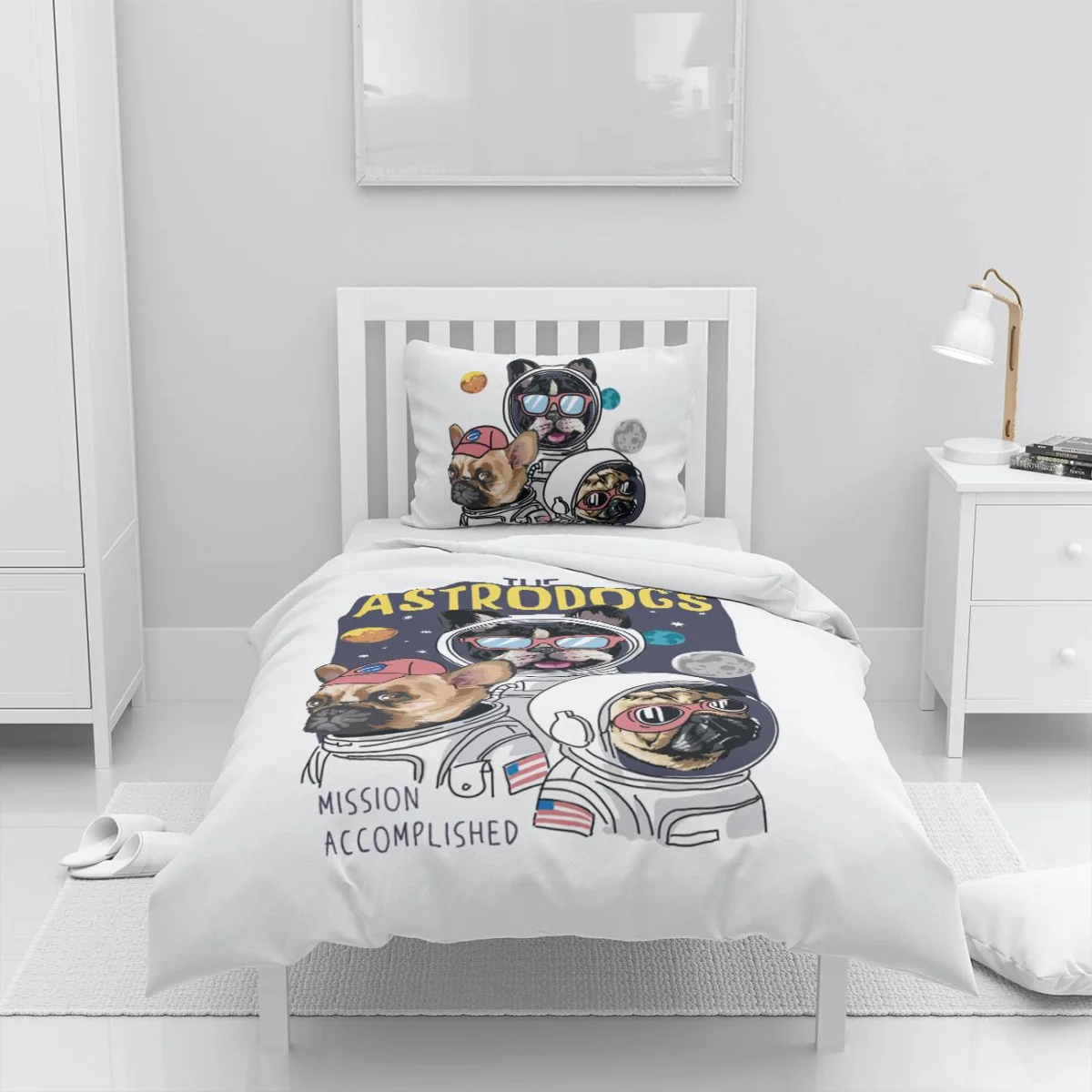 Uzay Köpekleri Nevresim Takımı | Beyaz yıldız, gezegen Desenli