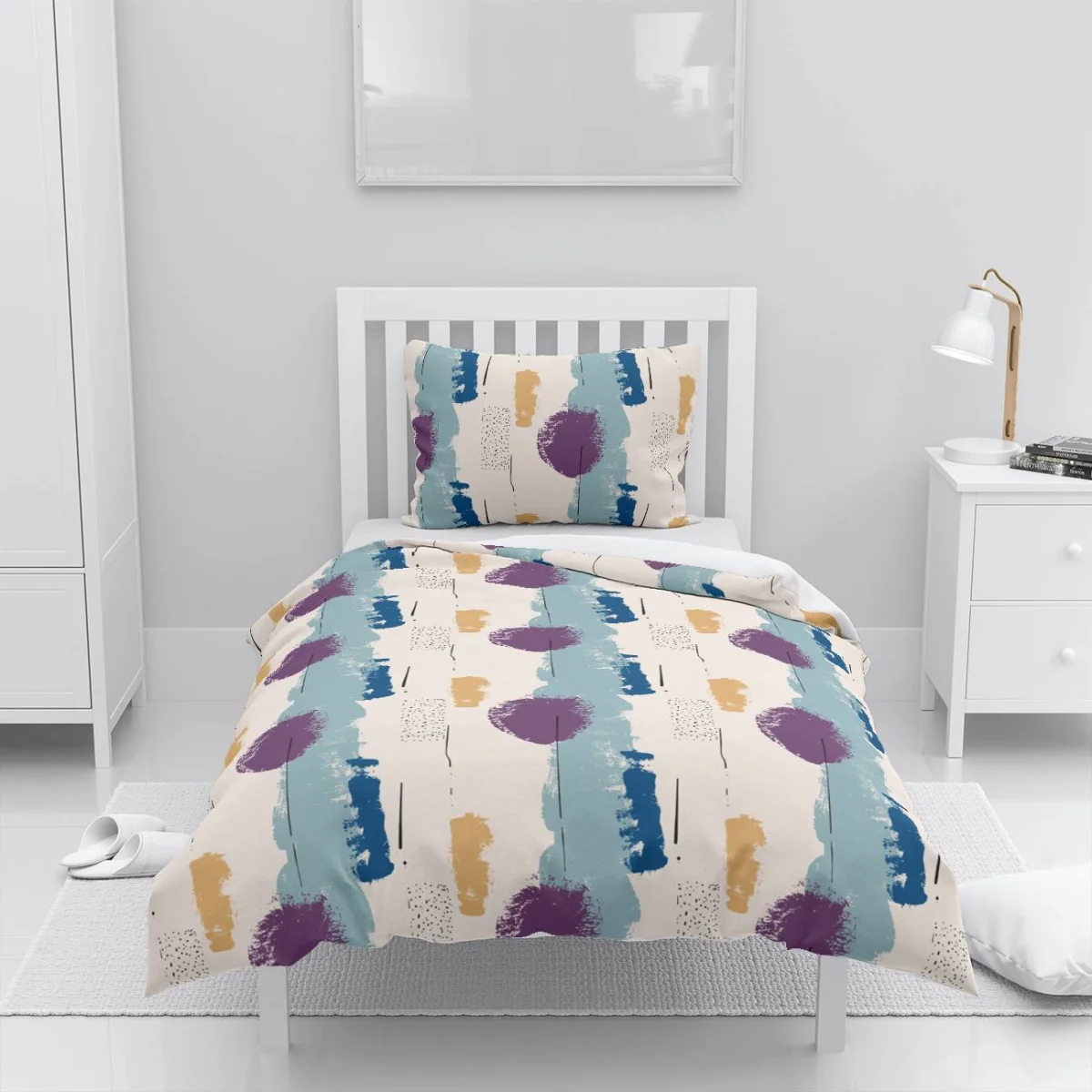 Soyut Fırça Darbeleri Nevresim Takımı | Krem Mavi, mor Desenli