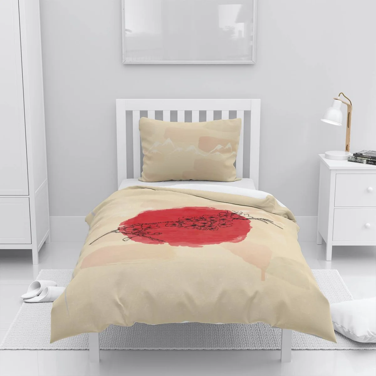 Kiraz Çiçeği, Dağ Nevresim Takımı | Bej Kırmızı daire, dağ siluetleri Desenli