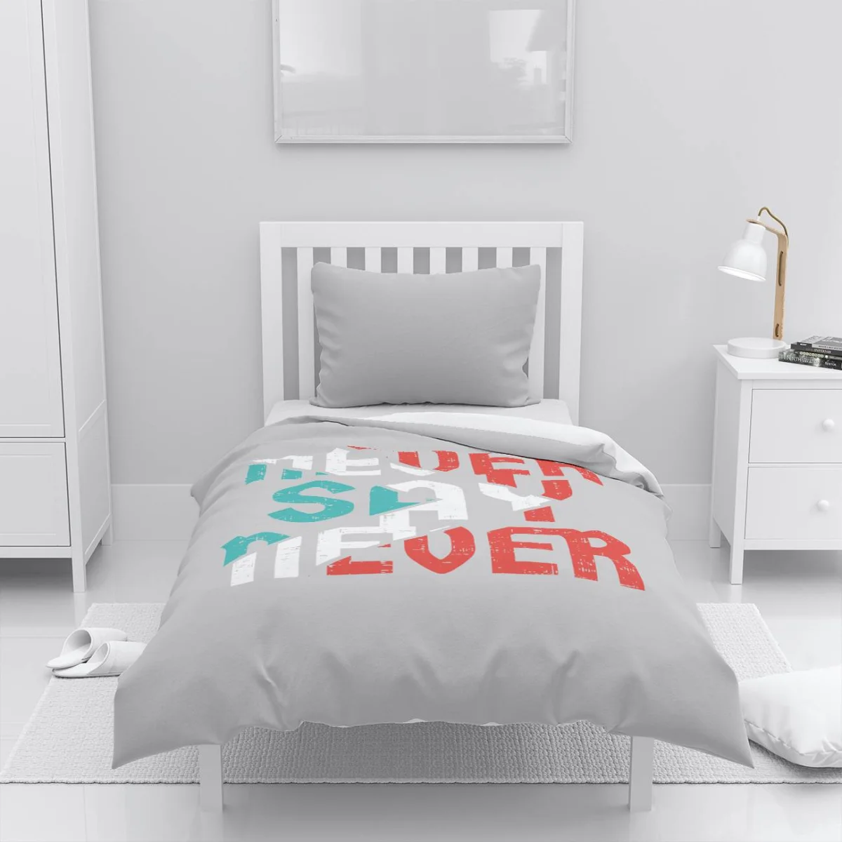 Motivasyonel Yazı Nevresim Takımı | Açık Gri Kırmızı, beyaz Desenli