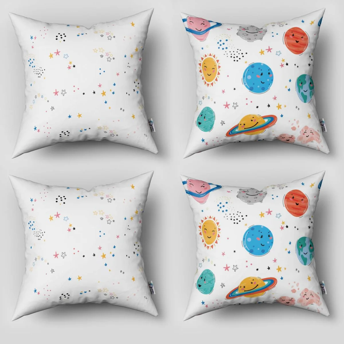 Uzay 4lü Kırlent | Beyaz gezegenler, güneş Desenli