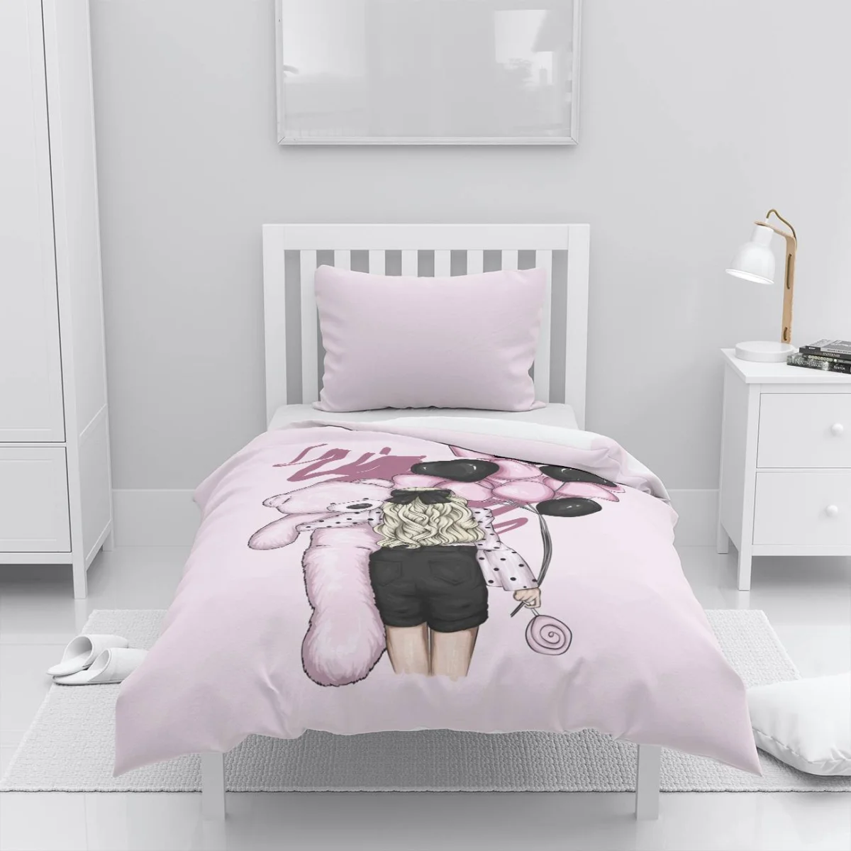 Kız ve Oyuncak Ayı Nevresim Takımı | Pembe balonlar, lolipop Desenli