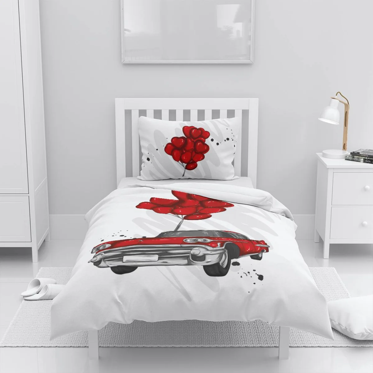 Klasik Araba ve Kalp Balonlar Nevresim Takımı | Beyaz siyah mürekkep sıçramaları Desenli