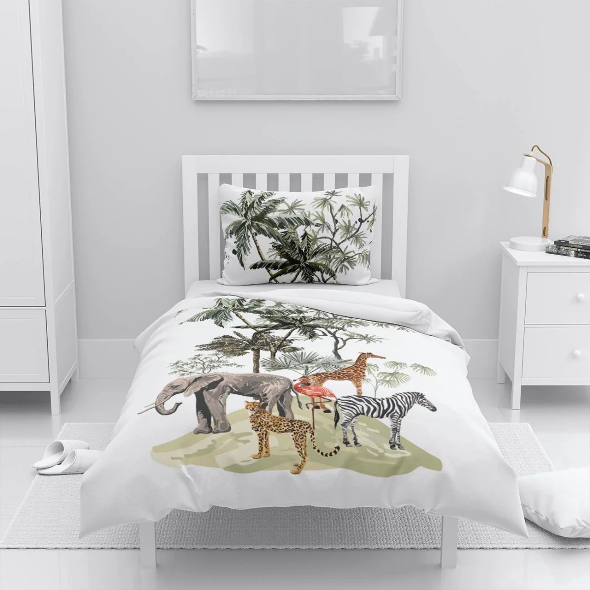 Orman Hayvanları Nevresim Takımı | Beyaz palmiye ağaçları, yapraklar Desenli