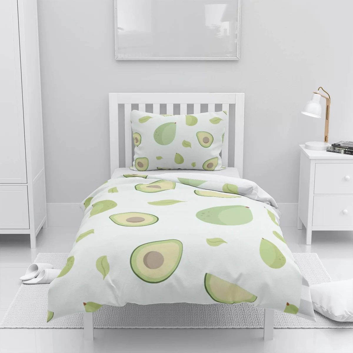 Avokado Nevresim Takımı | Beyaz yapraklar Desenli