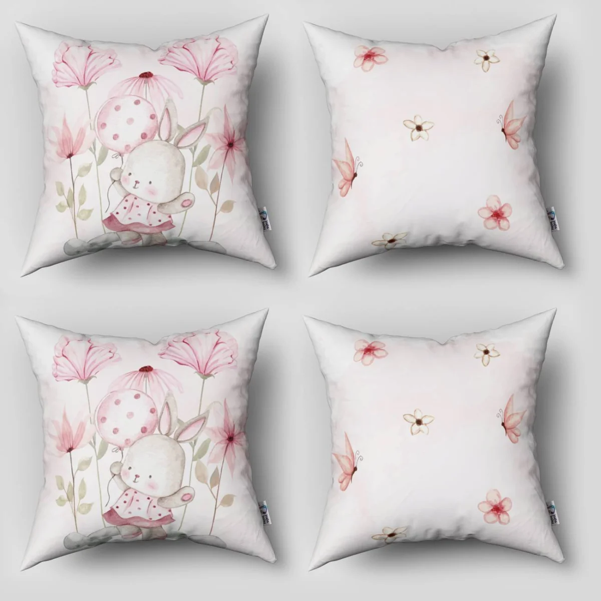 Tavşan ve Çiçekler 4lü Kırlent | Beyaz Kelebek, balon Desenli