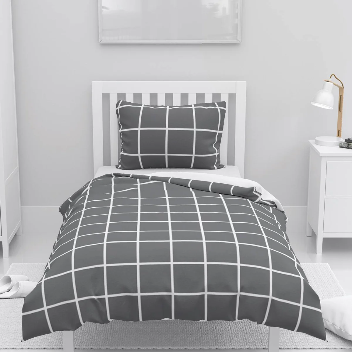 Kareli desen Nevresim Takımı | Gri Beyaz çizgili ızgara deseni Desenli