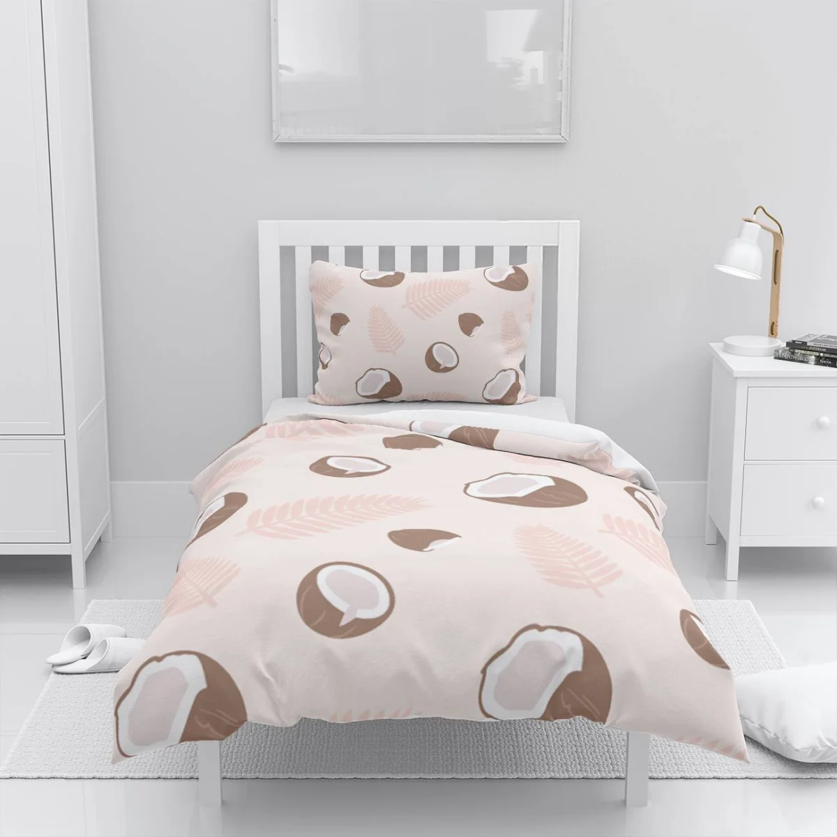 Hindistan Cevizi Nevresim Takımı | Açık Bej Hindistan cevizi, palm yaprakları Desenli