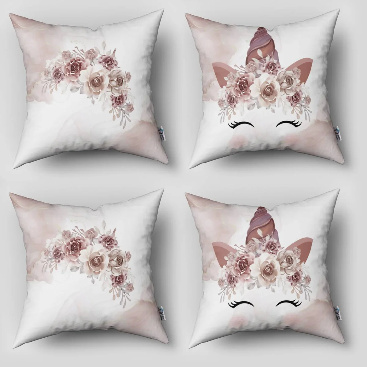 Unicorn 4lü Kırlent | Beyaz çiçekli taç, kapalı gözler Desenli