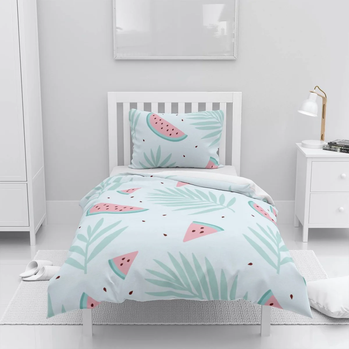 Meyve ve Bitki Nevresim Takımı | Açık Mavi karpuz dilimleri, palmiye yaprakları Desenli