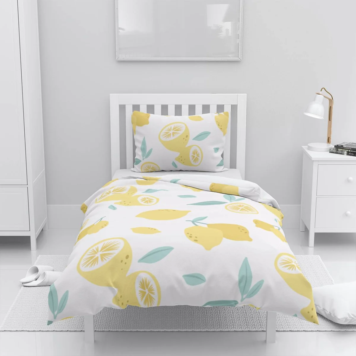 Limon Nevresim Takımı | Beyaz dilimlenmiş limonlar ve yapraklar Desenli