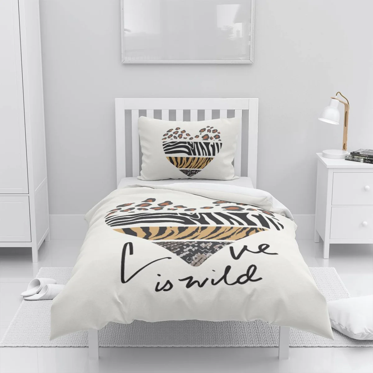 Hayvan desenleri Nevresim Takımı | Beyaz kalp, leopar benekleri Desenli