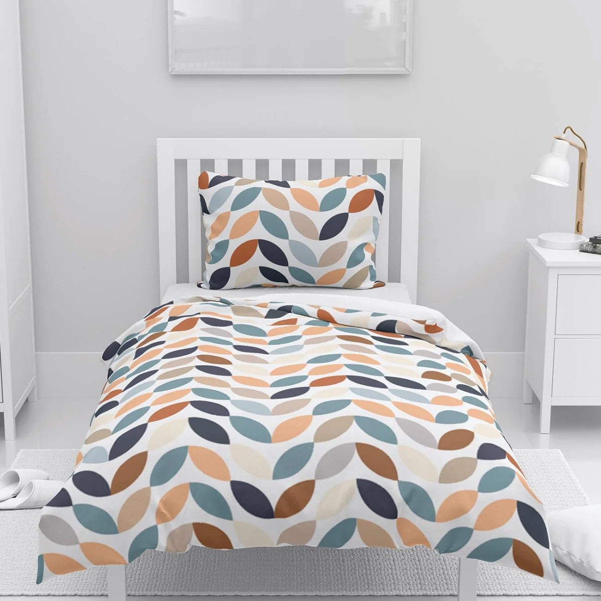 Soyut yaprak desenleri Nevresim Takımı | Beyaz Geometrik yapraklar, pastel ve toprak tonları Desenli