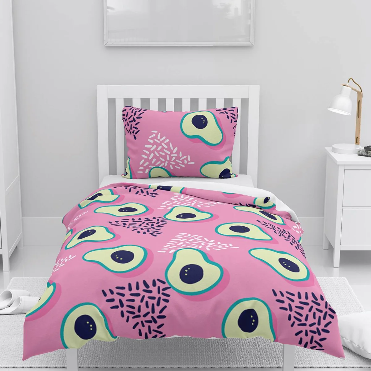 Avokado Nevresim Takımı | Pembe Beyaz ve lacivert soyut benekler ve çizgiler Desenli