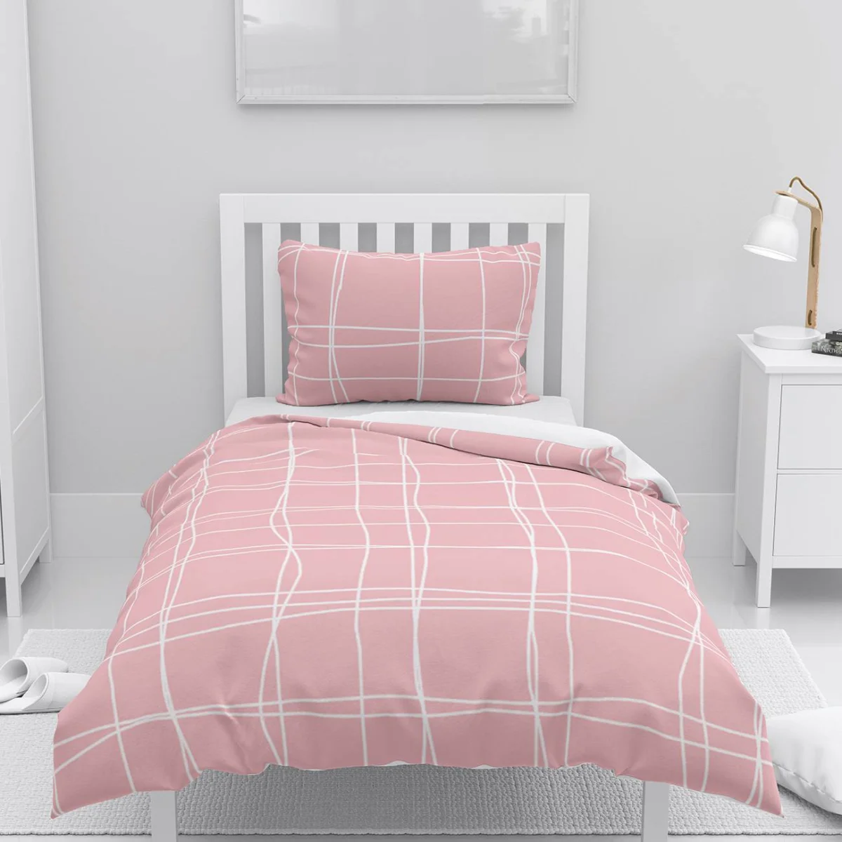 Geometrik desen Nevresim Takımı | Pembe Beyaz düzensiz ızgara çizgileri Desenli