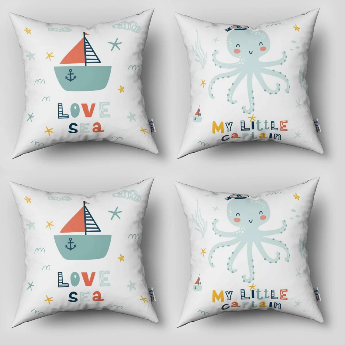 Ahtapot 4lü Kırlent | Beyaz yelkenli, deniz yıldızı Desenli