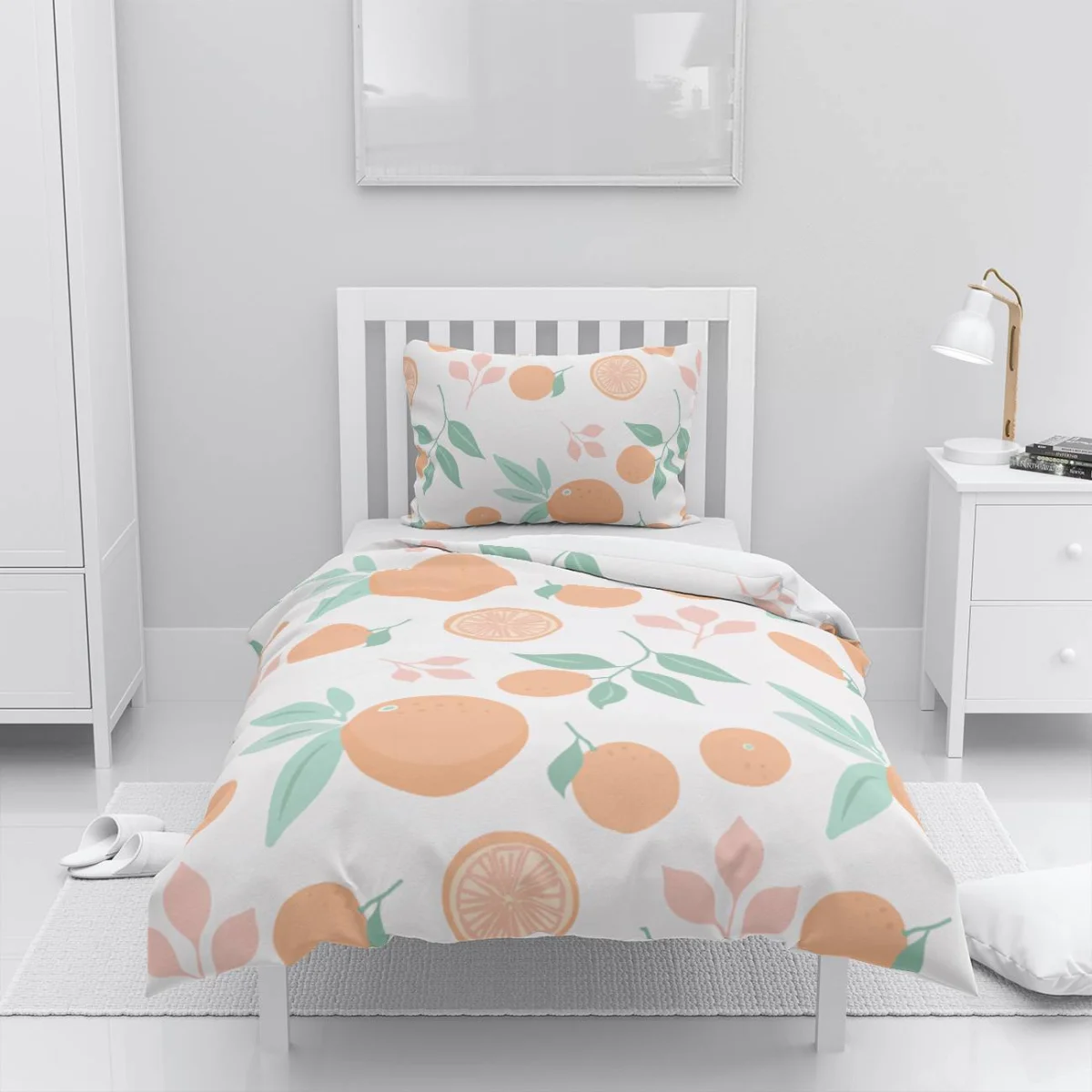 Meyveler Nevresim Takımı | Beyaz Portakal, portakal dilimleri Desenli