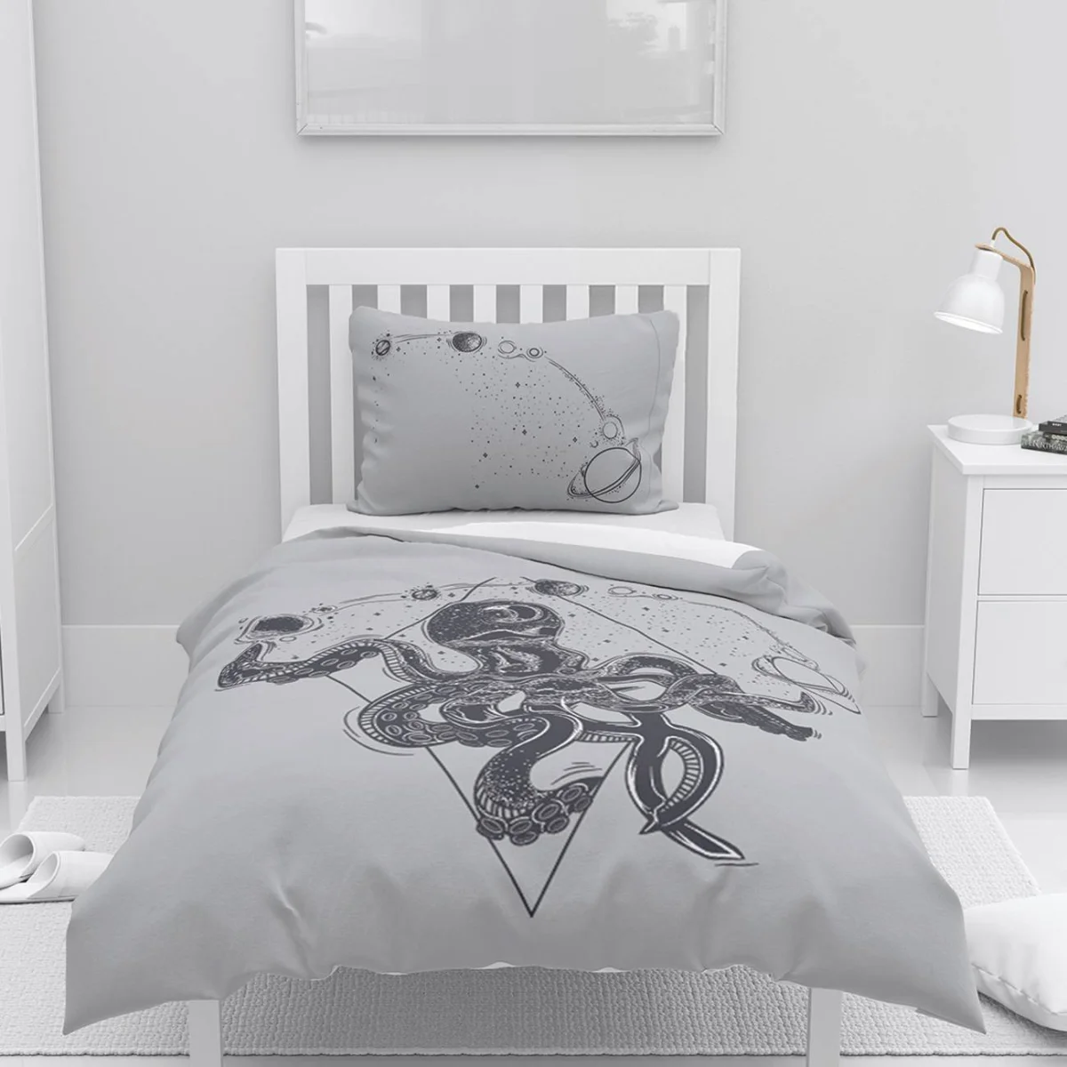 Uzay ve Ahtapot Nevresim Takımı | Gri gezegenler, yıldızlar Desenli