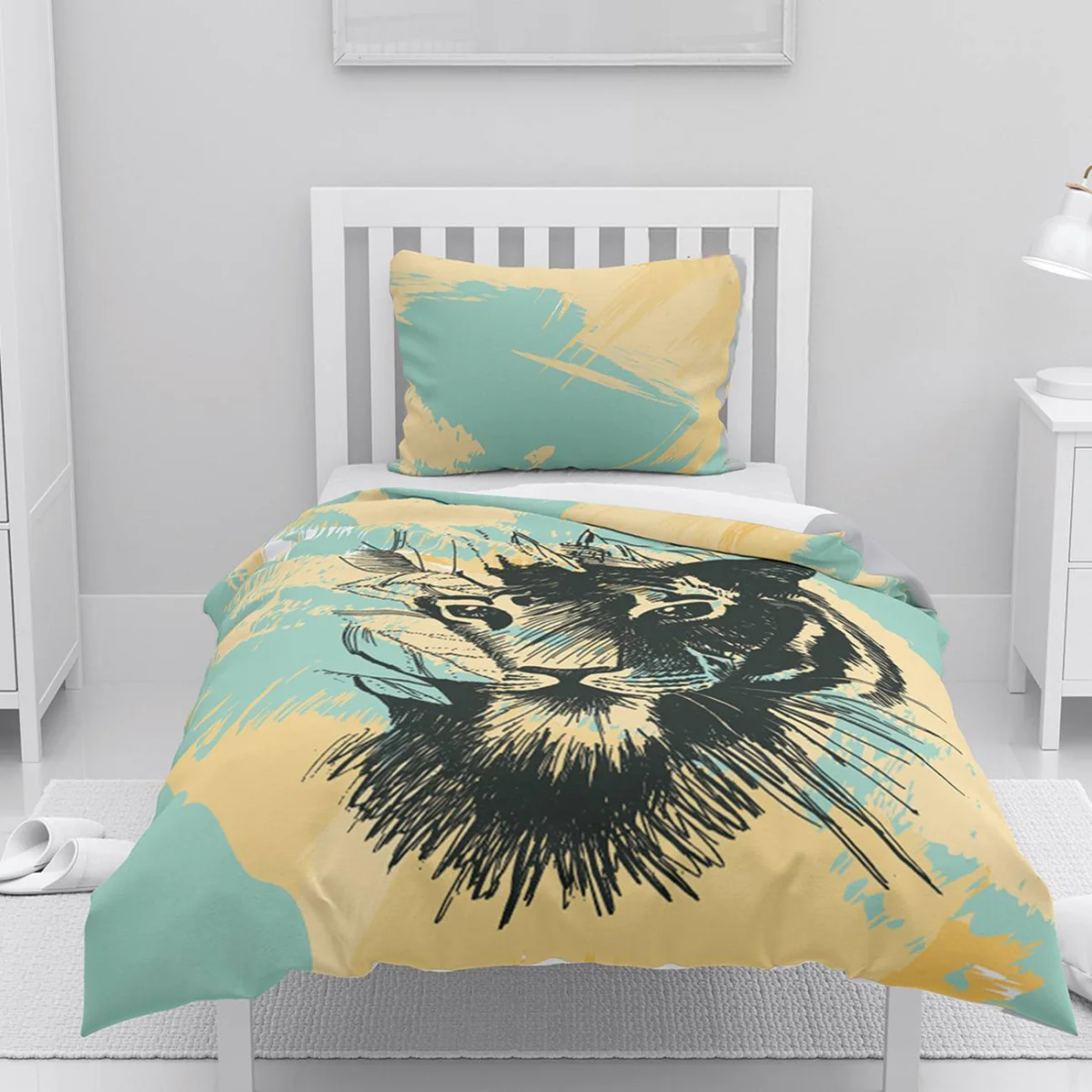 Aslan Nevresim Takımı | Sarı, Turkuaz soyut fırça darbeleri Desenli