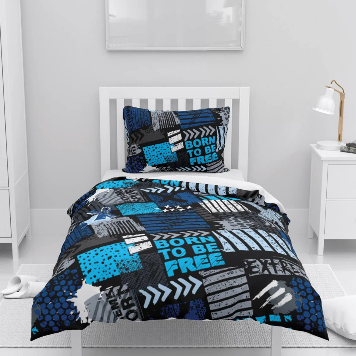 Urban, slogan, geometrik Nevresim Takımı | Mavi, Siyah Oklar, noktalar Desenli