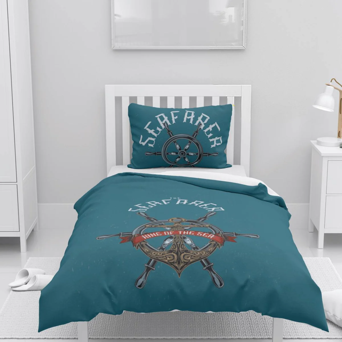 Denizci teması Nevresim Takımı | Mavi Gemi dümeni, çapa ve tematik yazılar Desenli