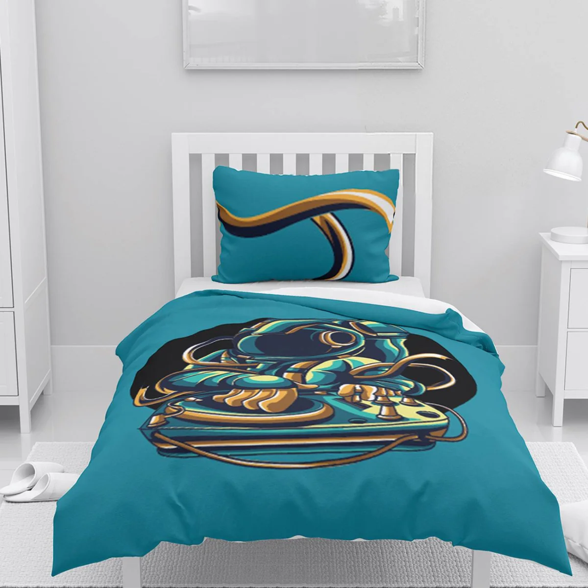 DJ Müzik Nevresim Takımı | Turkuaz DJ pikap, kulaklık Desenli