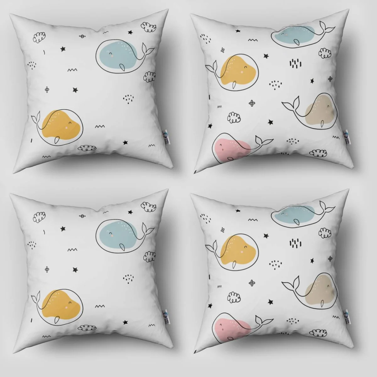 Balinalar 4lü Kırlent | Beyaz yıldız, bulut Desenli