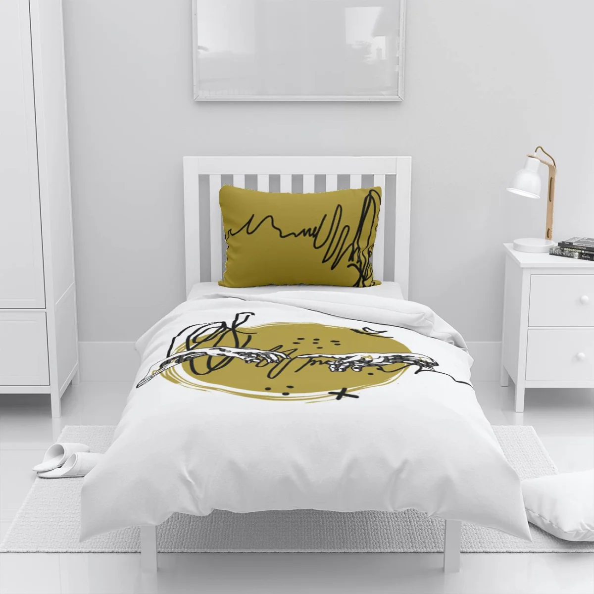 Soyut el çizimi Nevresim Takımı | Beyaz Soyut el çizimi, karalama çizgileri Desenli