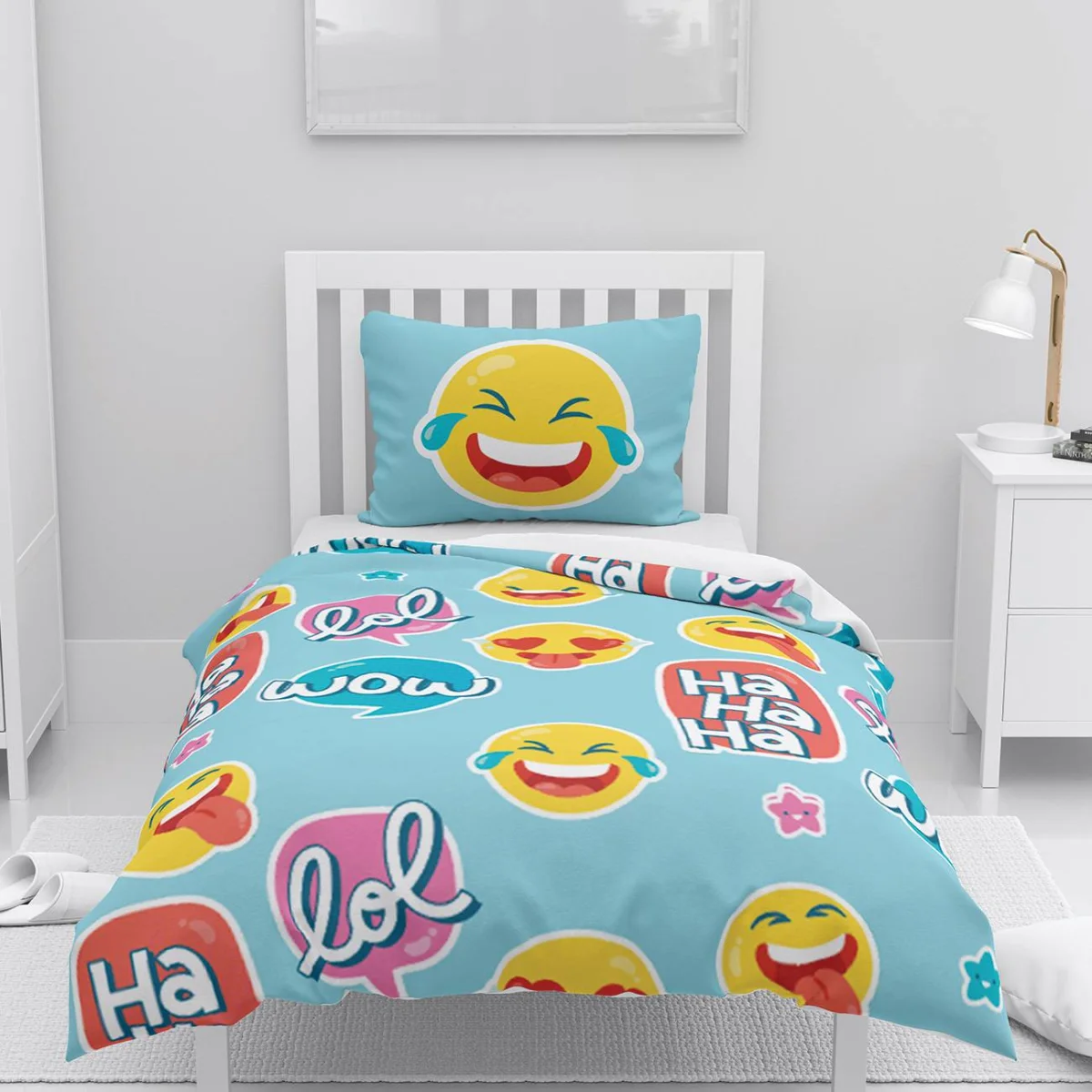 Emoji karakterleri Nevresim Takımı | Açık Mavi gülümseyen emojiler, lol Desenli