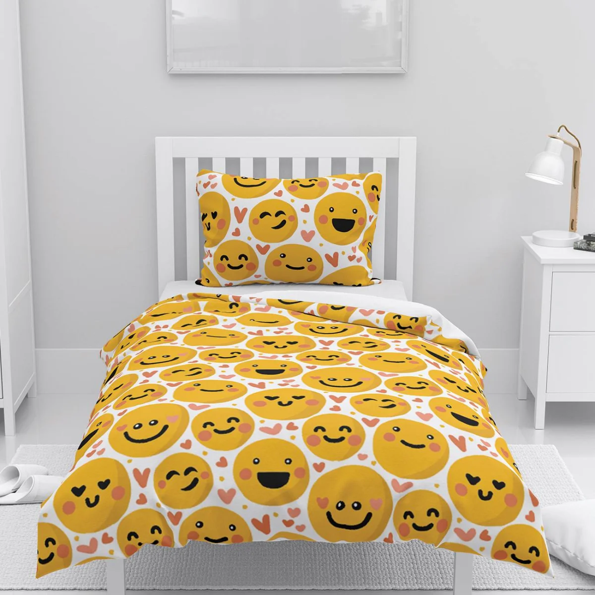 Emojiler Nevresim Takımı | Beyaz kalpler Desenli