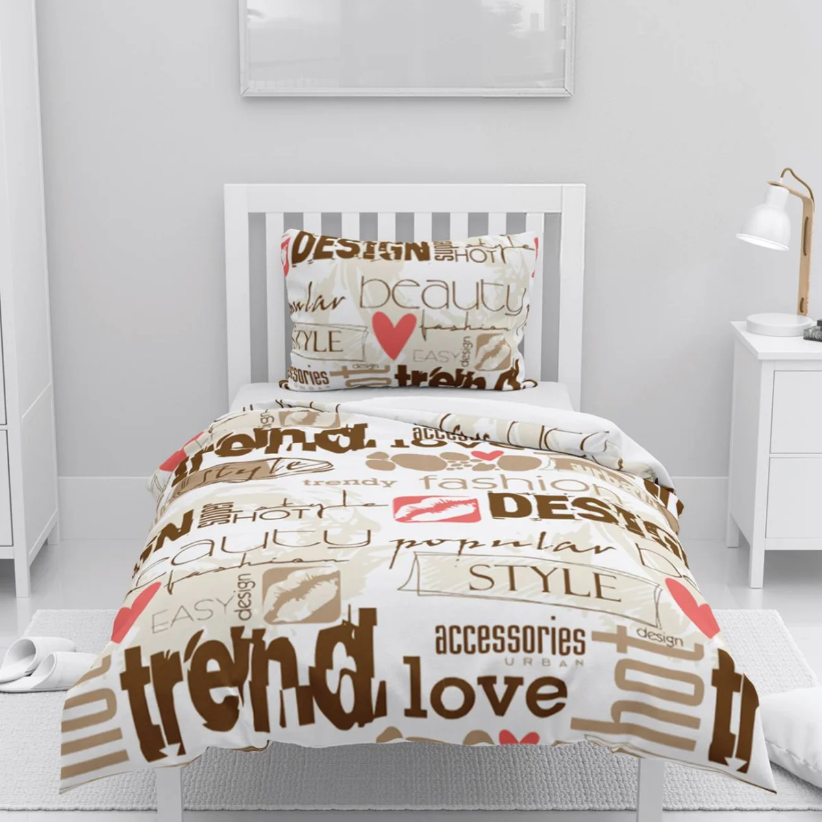 Moda Temalı Tipografi Nevresim Takımı | Beyaz moda kelimeleri, kalpler Desenli