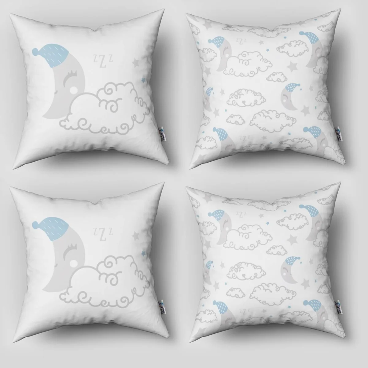 Uyku Temalı Ay ve Bulutlar 4lü Kırlent | Beyaz uyuyan ay, bulutlar Desenli