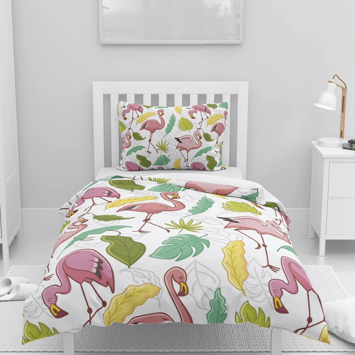 Flamingo Nevresim Takımı | Beyaz tropikal yeşil sarı yapraklar Desenli