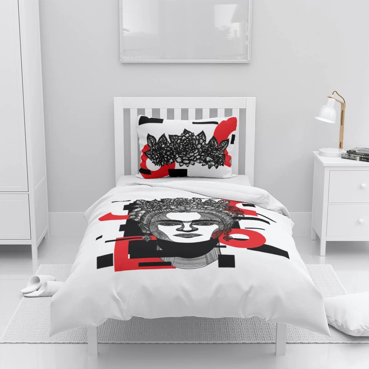 Artistik kadın yüzü ve çiçekler Nevresim Takımı | Beyaz Siyah ve kırmızı geometrik şekiller Desenli