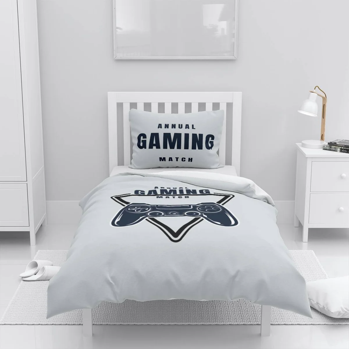 Video Oyun Nevresim Takımı | Beyaz Oyun kolu ve üçgen çerçeve Desenli