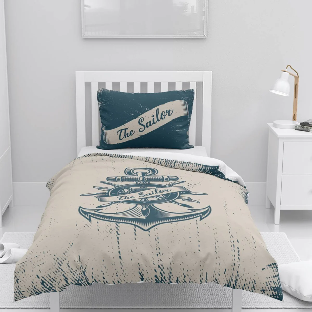 Denizci, Nautical Nevresim Takımı | Krem Çapa, gemi dümeni Desenli