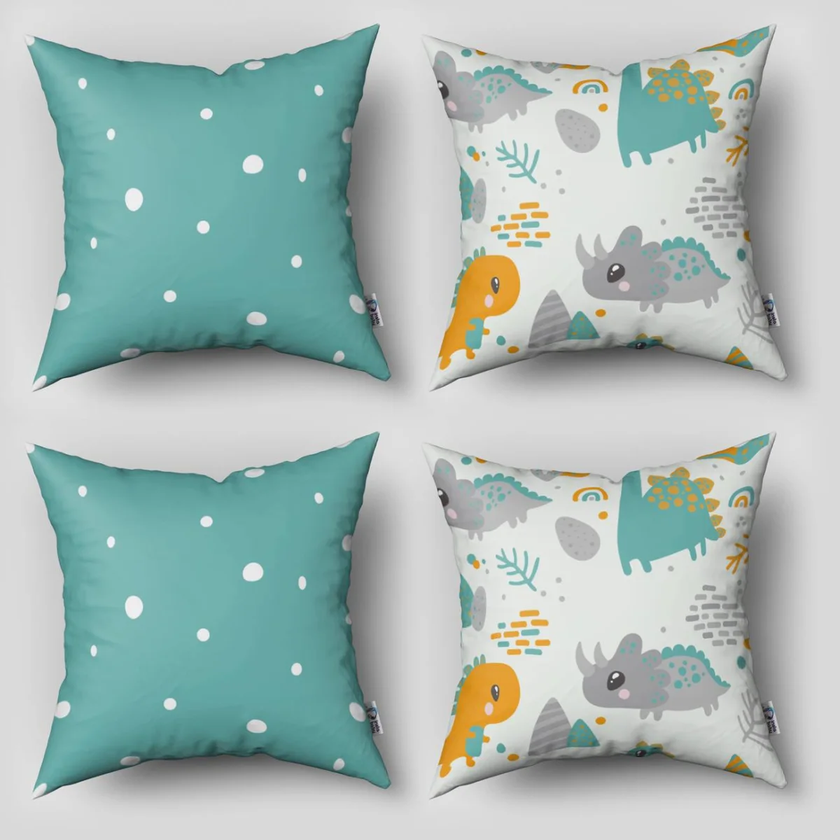 Dinozorlar 4lü Kırlent | Beyaz yaprak, yumurta Desenli