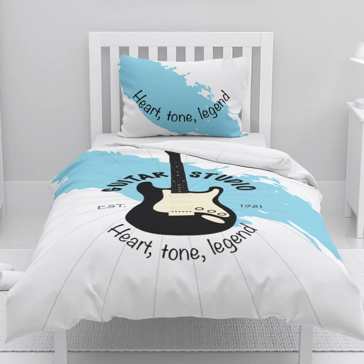 Müzik, gitar Nevresim Takımı | Beyaz Elektrik gitar, mavi boya sıçramaları Desenli