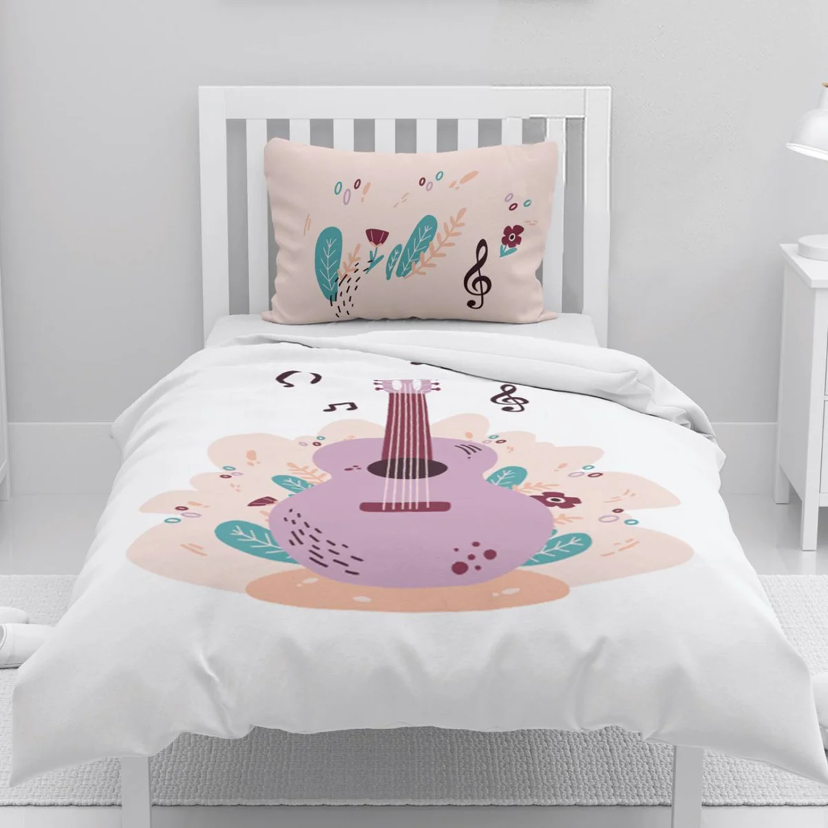 Gitar Nevresim Takımı | Beyaz Müzik notaları, yapraklar Desenli