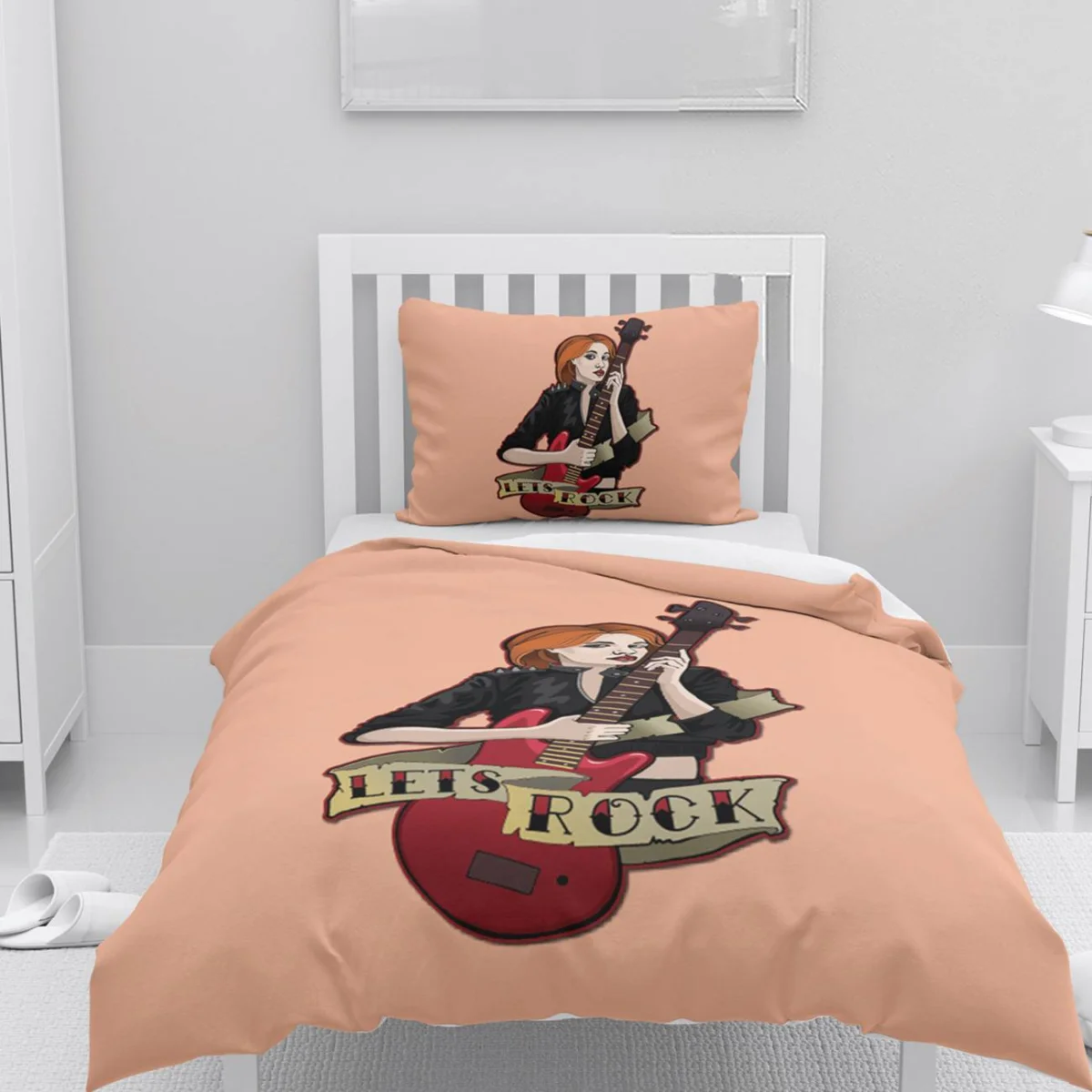 Rock müzisyen kız, gitar Nevresim Takımı | Şeftali Gitar, Let's Rock yazısı Desenli