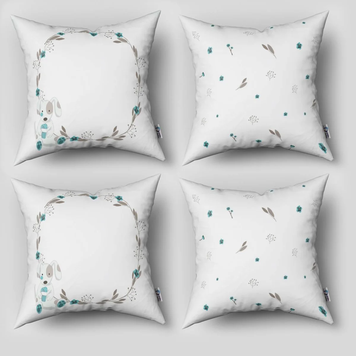 Köpek 4lü Kırlent | Beyaz Çiçekli çelenk, cupcake Desenli