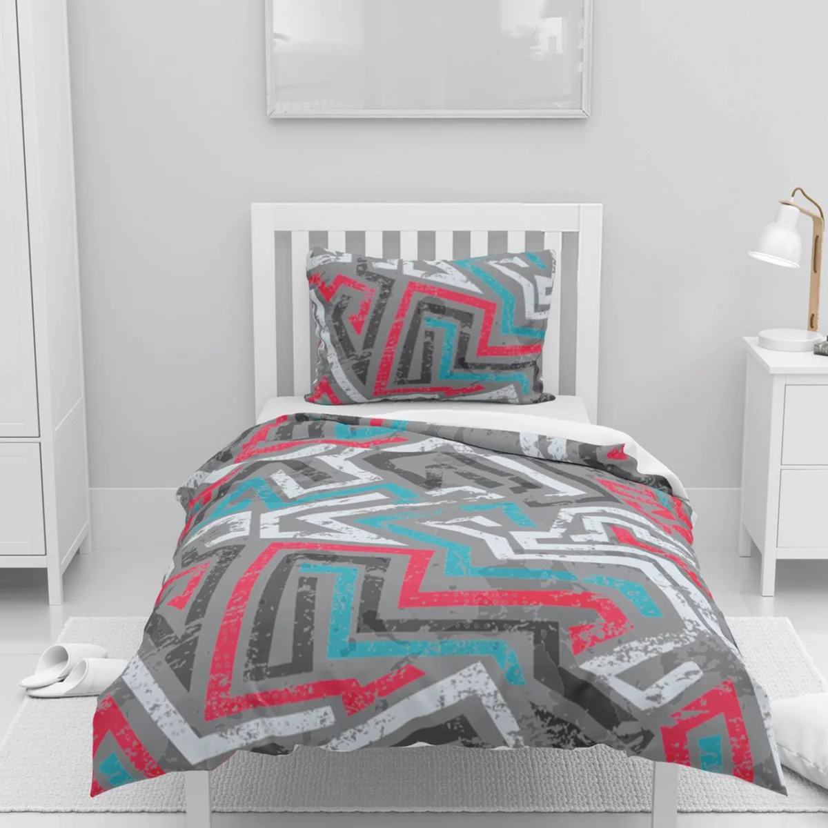 Soyut Geometrik Nevresim Takımı | Gri labirent çizgiler, eskitme doku Desenli