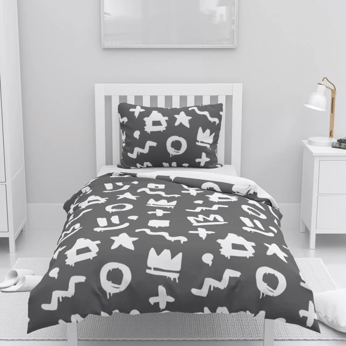 Soyut şekiller Nevresim Takımı | Gri Yıldız, taç Desenli