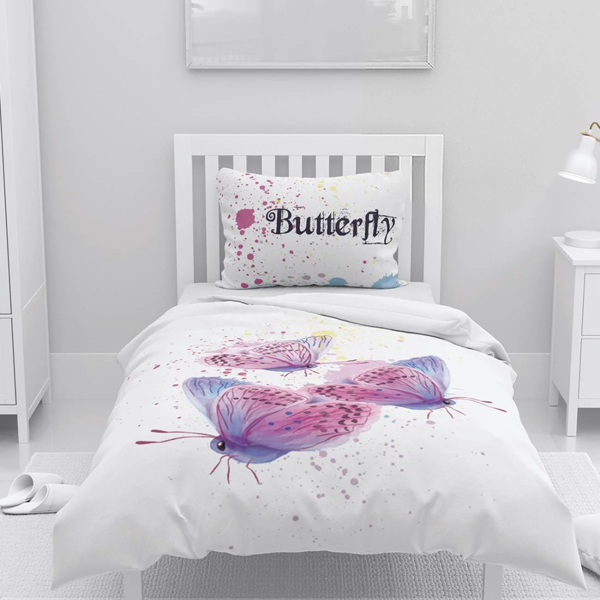 Kelebek Nevresim Takımı | Beyaz Suluboya sıçramaları Desenli