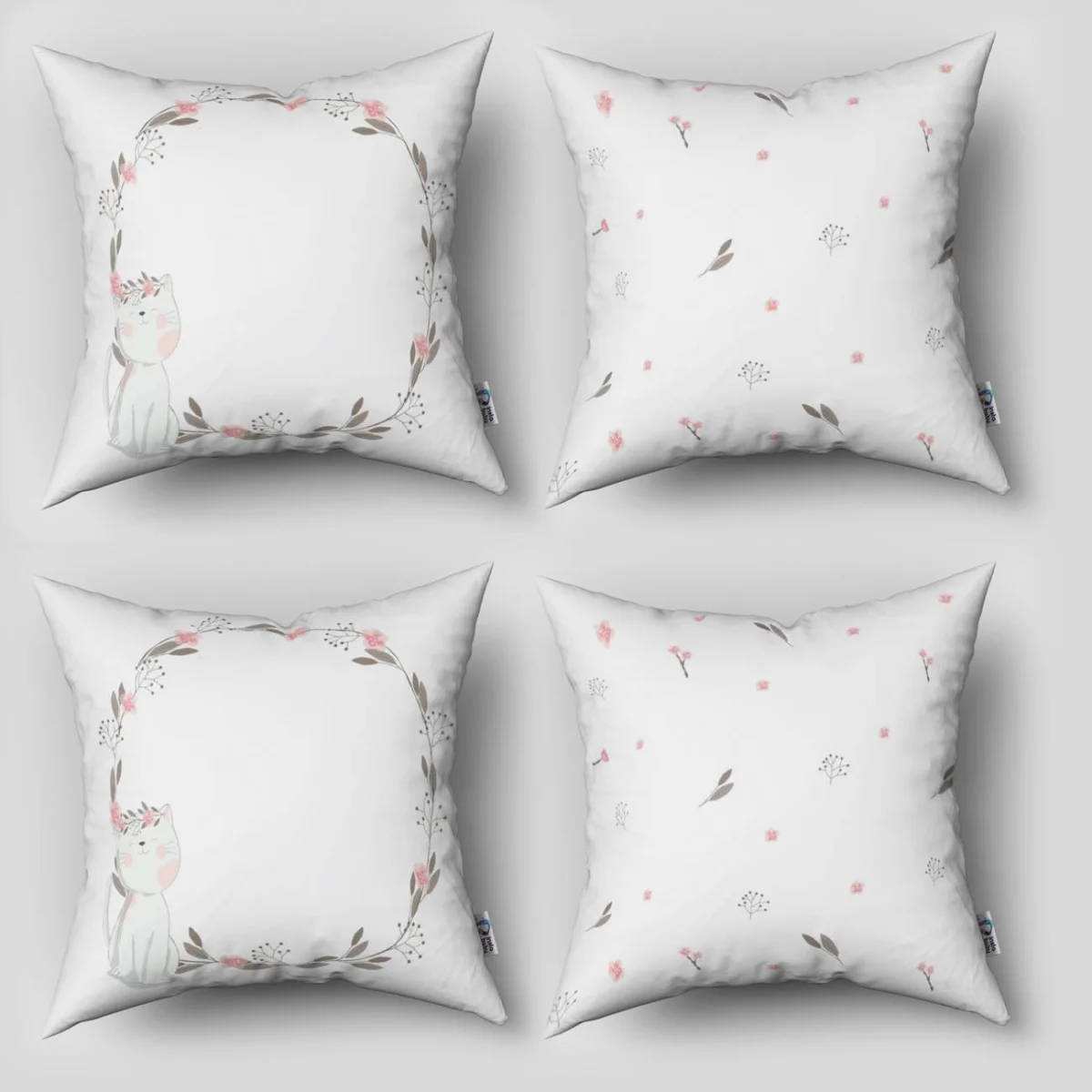 Kedi 4lü Kırlent | Beyaz Çiçekli çelenk, pembe çiçekler ve yapraklar Desenli